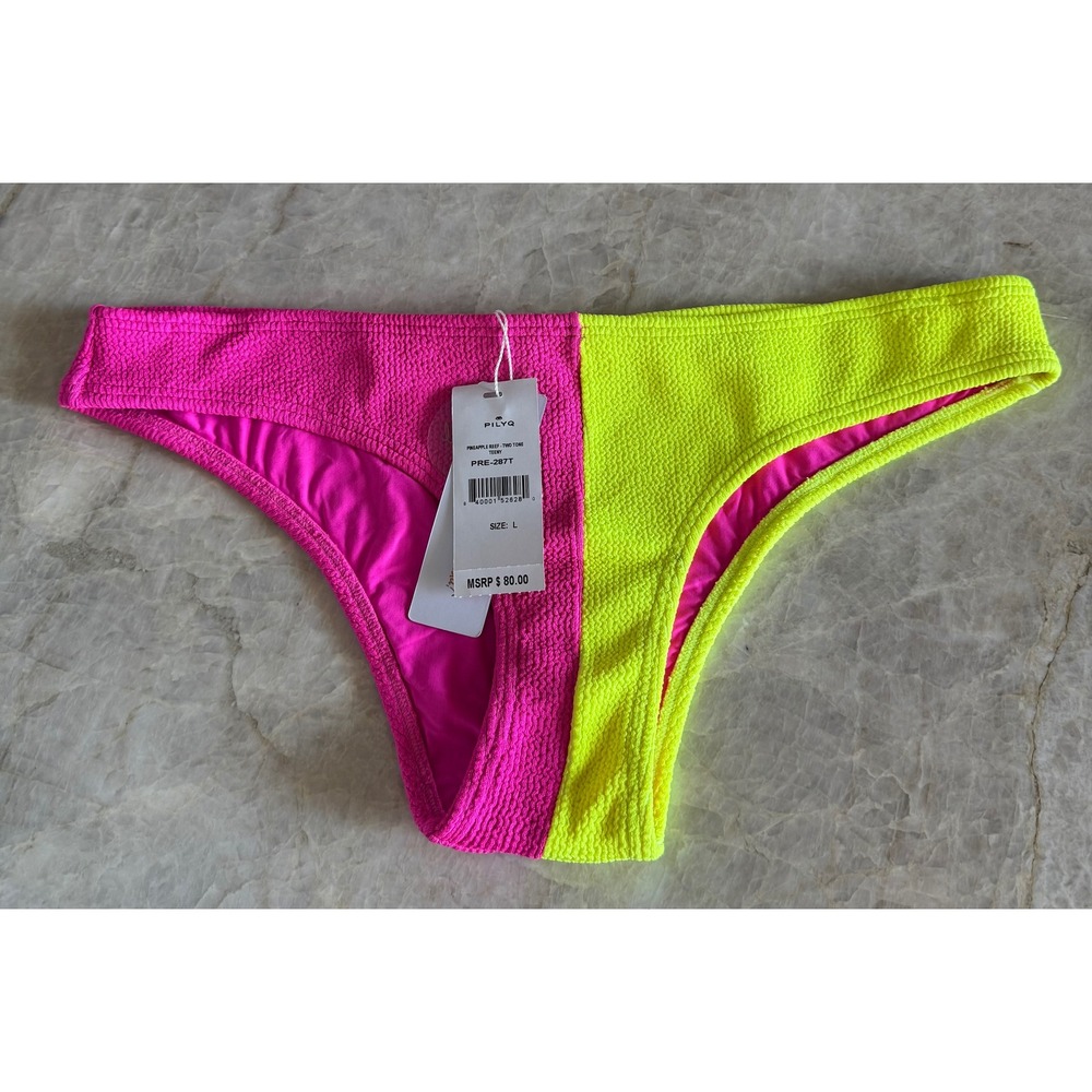 PilyQ Pineapple Reef Teeny Bikini Bottom Neon Pink Yellow Colorblock PRE-287T L